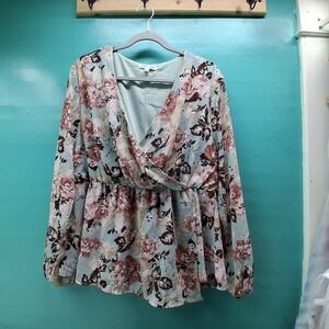 Ophelia Roe Floral Surplice Blouse XL Sage Green Boho Cottagecore Romantic